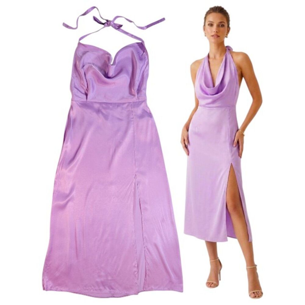 NWT BSL Women Medium Viscose Midi Dress Lila Cowl Neck Halter Slit Gala